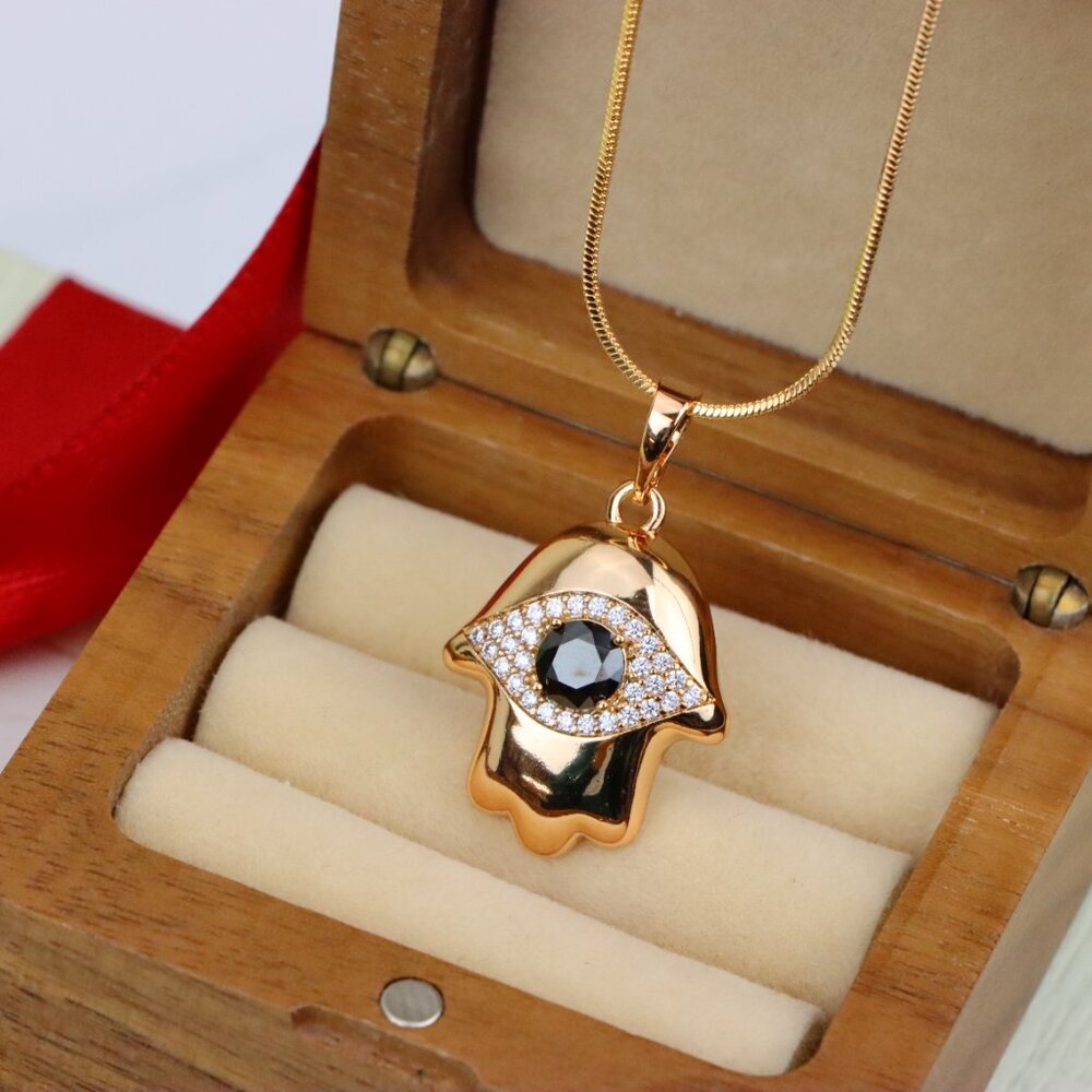 "Black Evil Eye Hamsa Pendant in Gold Plated Brass – Bold  Amulet, XPPT1756 - Picture 9 of 13
